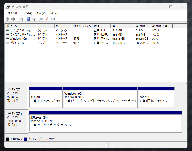 『ディスク管理』でDドライブSSDをフォーマット
